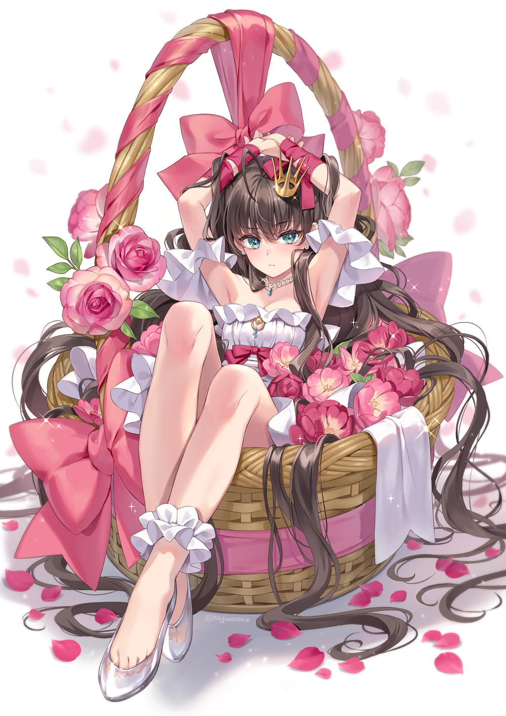 1girl ahoge ankle_scrunchie arm_ribbon armpits arms_up bow brown_hair closed_mouth crossed_ankles crown dress earrings feet flower flower_basket frilled_dress frills glass_slipper green_eyes hagiwara_rin highres jewelry large_bow leaf long_hair looking_at_viewer mini_crown necklace original pearl_earrings pearl_necklace petals pink_bow pink_flower pink_ribbon ribbon scrunchie see-through shadow sitting solo twitter_username very_long_hair white_dress white_scrunchie