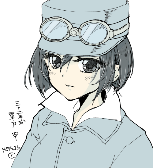 1girl black_hair capelet eyelashes goggles goggles_on_headwear hat military military_uniform parted_lips peaked_cap popped_collar short_hair solo tenka_hyakken tomoe_pi type_32_guntou-kou uniform upper_body weapon white_background