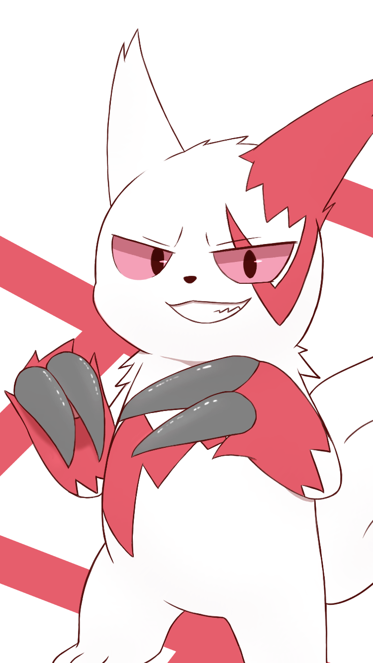 anthro claws digital_drawing_(artwork) digital_media_(artwork) digital_painting_(artwork) domestic_cat felid feline felis female fur generation_3_pokemon hi_res male mammal mustelid musteline nails nintendo pokemon pokemon_(species) red_eyes roshu39 smile solo tail true_musteline weasel white_body zangoose