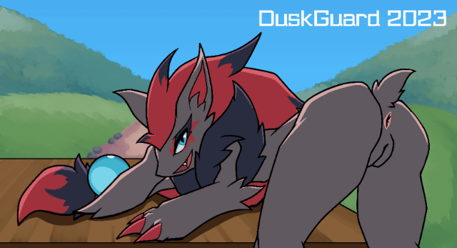 animated anthro anus bent_over bent_over_table butt claws duskguard female fur generation_5_pokemon genitals grey_body grey_fur hair long_hair looking_at_viewer looking_back looking_back_at_viewer nintendo open_mouth outside pokemon pokemon_(species) presenting presenting_hindquarters pussy red_hair shaking_butt short_tail solo tail tail_motion tailwag zoroark