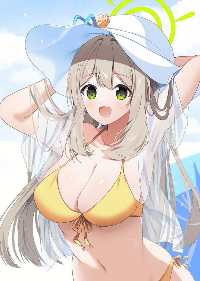 1girl bikini blue_archive breasts cleavage commentary front-tie_bikini_top front-tie_top green_eyes green_halo halo halterneck hat large_breasts light_brown_hair long_hair looking_at_viewer navel nonomi_(blue_archive) nonomi_(swimsuit)_(blue_archive) official_alternate_costume omuretsu open_clothes open_mouth side-tie_bikini_bottom smile solo standing sun_hat swimsuit swimsuit_cover-up tongue very_long_hair white_headwear yellow_bikini