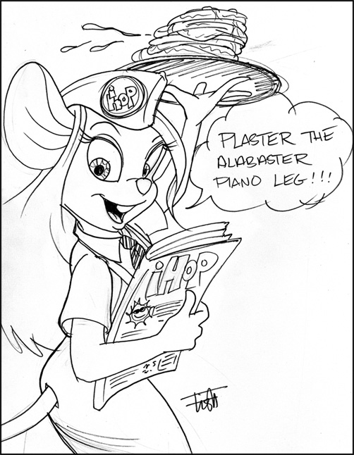 anthro black_and_white chip_'n_dale_rescue_rangers chris_fischer clothing dialogue disney dress english_text female food furgonomics gadget_hackwrench hair mammal monochrome mouse murid murine necktie open_mouth pancake rodent solo tail text