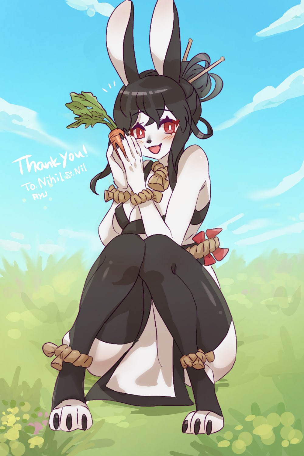 2023 2:3 3_toes accessory anklet anthro arms_bent asian_clothing bangs bent_legs biped black_clothing black_ears black_hair black_legwear black_nose black_thigh_highs bracelet breasts carrot circe_ciri_(nofacelord) clothing cloud ears_up east_asian_clothing english_text exclamation eyebrow_through_hair eyebrows eyelashes feet female female_anthro fingers food front_view full-length_portrait garyu410 hair hair_accessory hair_bun hair_sticks hi_res holding_carrot holding_food holding_object holding_vegetable japanese_clothing jewelry lagomorph legwear leporid long_bangs long_ears looking_at_viewer mammal monotone_arms monotone_breasts monotone_clothing monotone_ears monotone_fingers monotone_hair monotone_hands monotone_inner_ear monotone_legwear monotone_neck monotone_text monotone_thigh_highs multicolored_clothing necklace obijime open_mouth open_smile pelvic_curtain plant portrait pupils rabbit red_eyes rope_necklace signature sitting sky sleeveless smile smiling_at_viewer solo tan_anklet tan_bracelet tan_jewelry tan_necklace text thigh_highs toes translucent translucent_hair two_tone_clothing vegetable white_arms white_body white_breasts white_clothing white_face white_fingers white_hands white_inner_ear white_neck white_pupils white_text white_toes