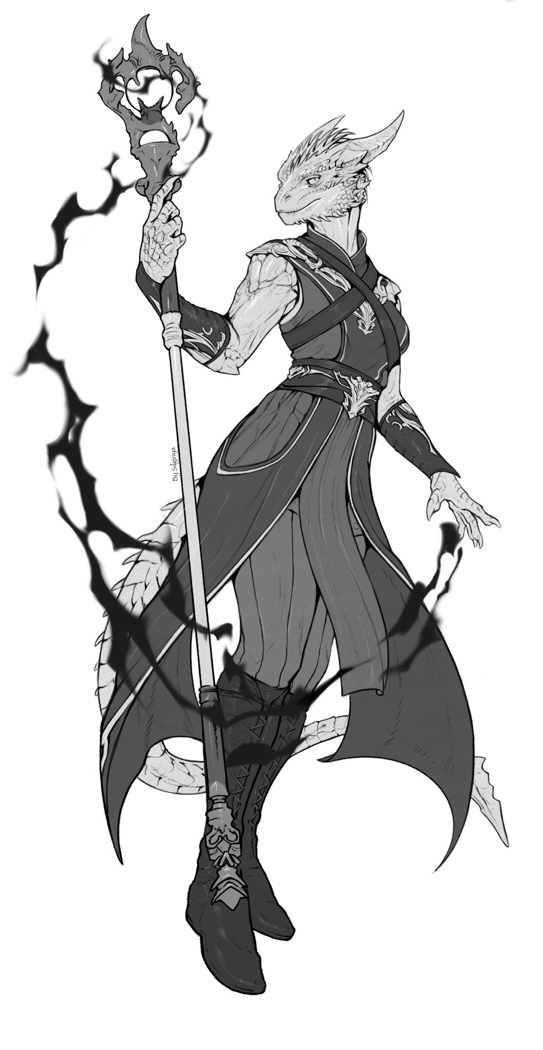 anthro baldur's_gate_3 clothing dragonborn_(dnd) dungeons_and_dragons female hasbro hi_res horn looking_at_viewer magic melee_weapon monochrome pose silgiriya_mantsugosi solo tail weapon wizards_of_the_coast