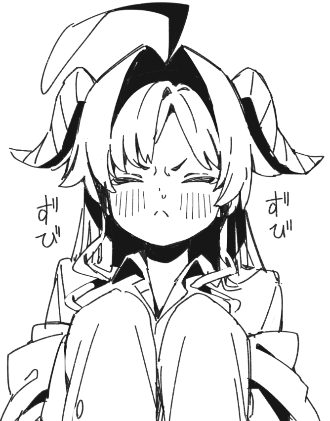 &gt;:( 1girl ahoge blue_archive blush closed_eyes closed_mouth collared_shirt commentary_request facing_viewer forehead frown greyscale hair_intakes horns jacket kasumi_(blue_archive) long_hair long_sleeves monochrome off_shoulder open_clothes open_jacket seramikku shirt short_eyebrows simple_background sleeves_past_fingers sleeves_past_wrists solo thick_eyebrows v-shaped_eyebrows white_background