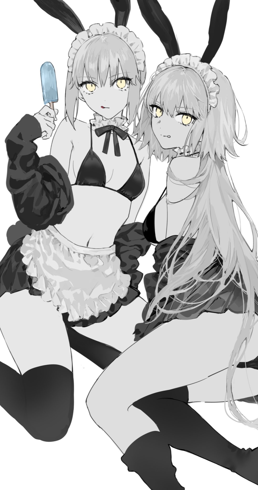 2girls animal_ears artoria_pendragon_(fate) bare_shoulders bikini breasts fake_animal_ears fate/grand_order fate_(series) food greyscale highres jacket jeanne_d'arc_alter_(avenger)_(fate) jeanne_d'arc_alter_(fate) large_breasts licking_lips long_hair long_sleeves looking_at_viewer maid_headdress miniskirt monochrome multiple_girls navel nipi27 off_shoulder open_clothes open_jacket popsicle rabbit_ears saber_alter skirt spot_color swimsuit thighhighs thighs tongue tongue_out yellow_eyes