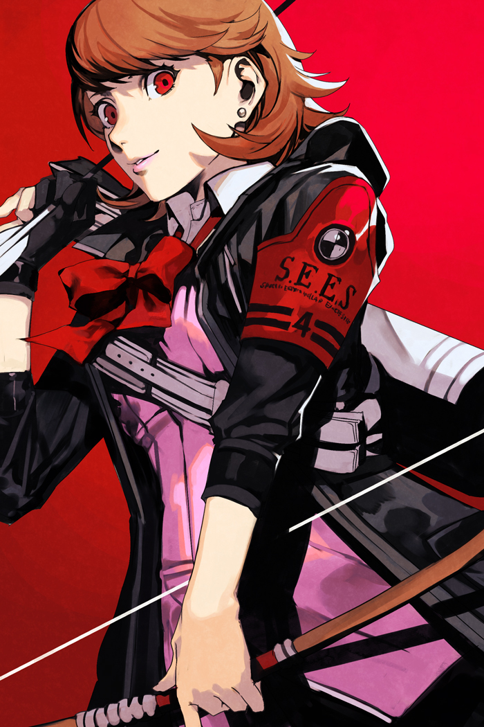 1girl archery_shooting_glove armband arrow_(projectile) black_jacket bow bow_(weapon) bowtie brown_hair cardigan collared_shirt earrings gloves holding holding_arrow holding_bow_(weapon) holding_weapon hood hooded_jacket hungry_clicker jacket jewelry medium_hair partially_fingerless_gloves persona persona_3 persona_3_reload pink_cardigan quiver red_armband red_background red_bow red_bowtie red_eyes s.e.e.s shirt simple_background single_glove solo stud_earrings swept_bangs takeba_yukari upper_body weapon white_shirt