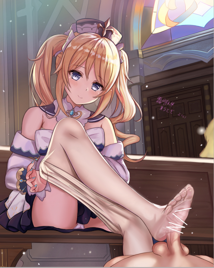 1boy 1girl bar_censor barbara_(genshin_impact) bare_shoulders bench blue_eyes blush bow bowtie censored church clothes_pull detached_collar door dress feet footjob genshin_impact hair_ornament hat looking_at_viewer nail_polish no_shoes panties pantyhose pantyhose_pull pantyshot penis_under_another's_clothes sitting soles suangyue_qiuhua toes twintails underwear white_panties white_pantyhose
