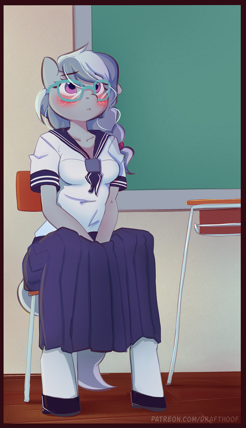 anthro asian_clothing clothing drafthoof east_asian_clothing female friendship_is_magic hasbro hi_res japanese_clothing japanese_school_uniform my_little_pony school_uniform serafuku silver_spoon_(mlp) sitting solo uniform