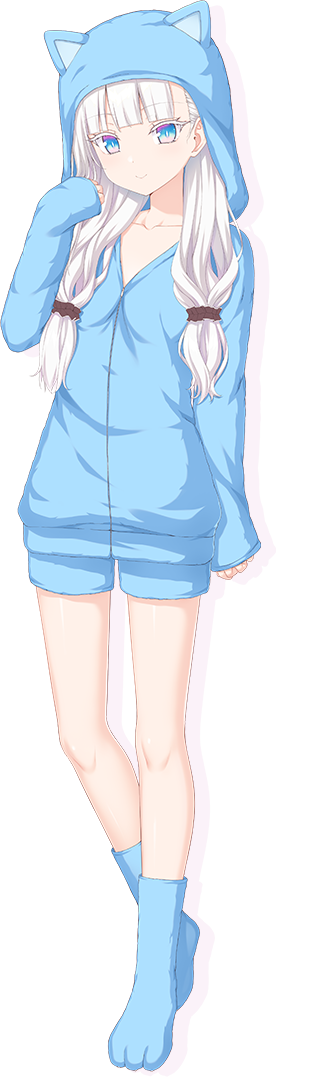 1girl aikotoba_-silver_snow_sister- animal_hood any_(trueblue) blue_eyes blue_pajamas blue_shorts blue_socks breasts full_body hood hood_up hoshitsugu_shirone long_hair low_twintails official_art pajamas shorts small_breasts smile socks solo tachi-e transparent_background twintails white_hair
