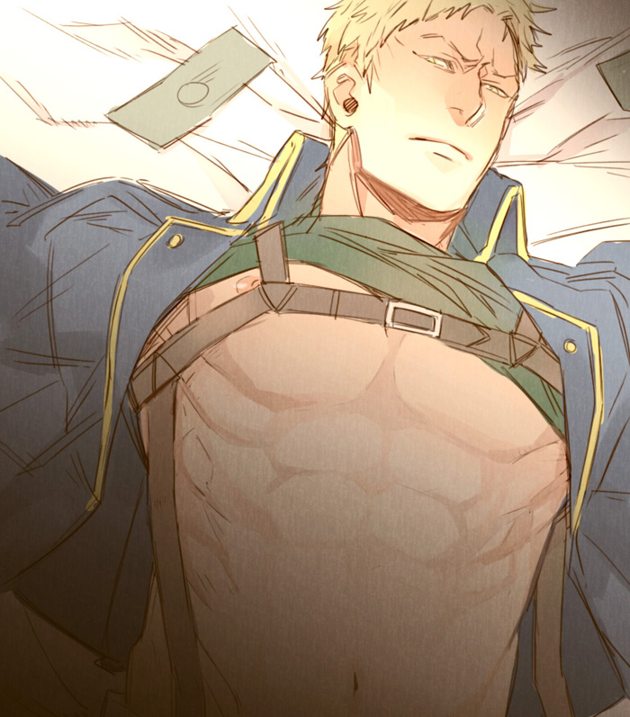 1boy abs alternate_costume bara blonde_hair blush chest_belt collared_jacket frown green_shirt kyosuke large_pectorals looking_at_viewer lying male_focus male_prostitution military military_uniform money muscular muscular_male navel nipples on_back on_bed out-of-frame_censoring outstretched_arms pectorals reiner_braun shingeki_no_kyojin shirt short_hair solo spread_arms stomach underpec uniform upper_body