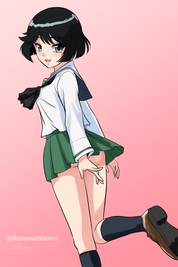 1girl :d arms_behind_back artist_name ass black_hair black_neckerchief black_socks blue_eyes blush bob_cut breasts brown_footwear clothes_lift commentary covering covering_ass dated dress_shirt floating_clothes foot_out_of_frame foot_up from_behind girls_und_panzer green_skirt kneehighs light_blush light_smile loafers long_sleeves looking_at_viewer looking_back matsui_yasutsugu miniskirt neckerchief no_panties ooarai_school_uniform open_mouth pink_background pleated_skirt sailor_collar school_uniform serafuku shirt shoes short_hair skirt skirt_lift small_breasts smile socks solo teasing twisted_torso twitter_username utsugi_yuuki walking white_sailor_collar white_shirt