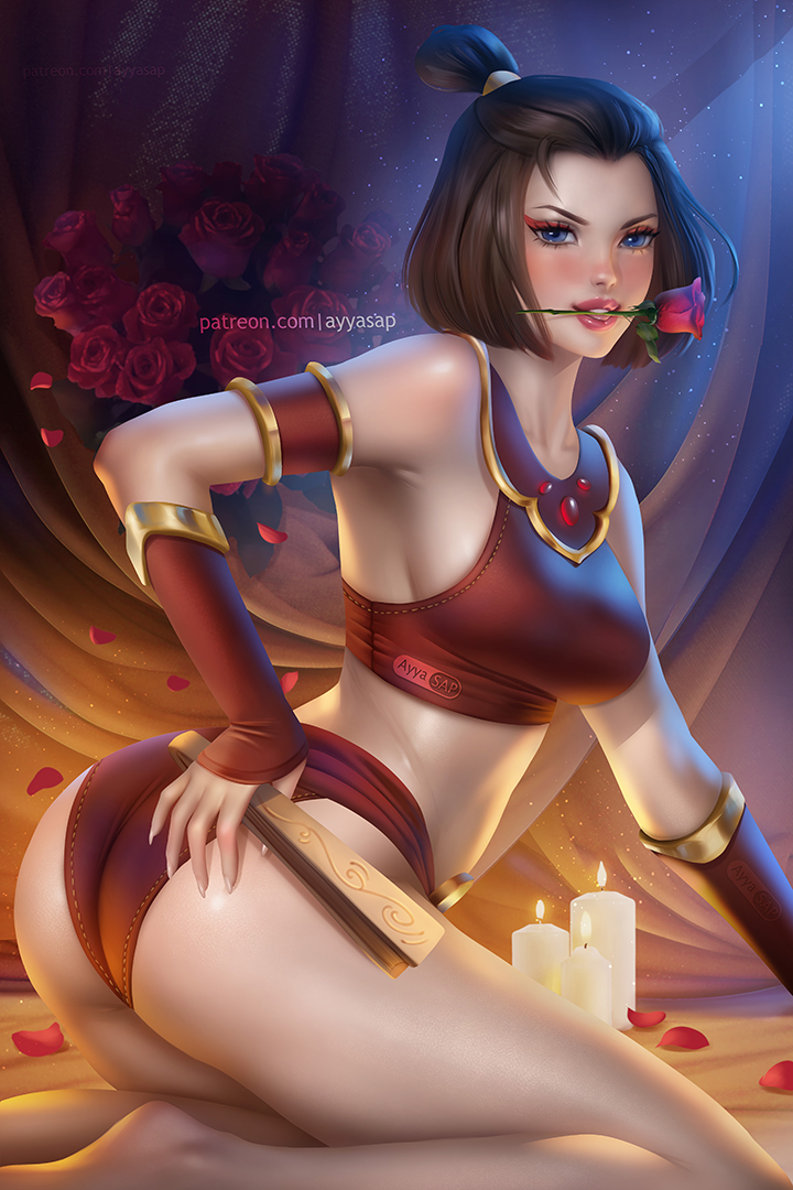 ass avatar:_the_last_airbender avatar_legends ayya_sap bare_shoulders blue_eyes breasts brown_hair candle flower folded_fan folding_fan hair_bun hand_fan looking_at_viewer midriff panties pinup_(style) red_armband red_panties rose suki underwear