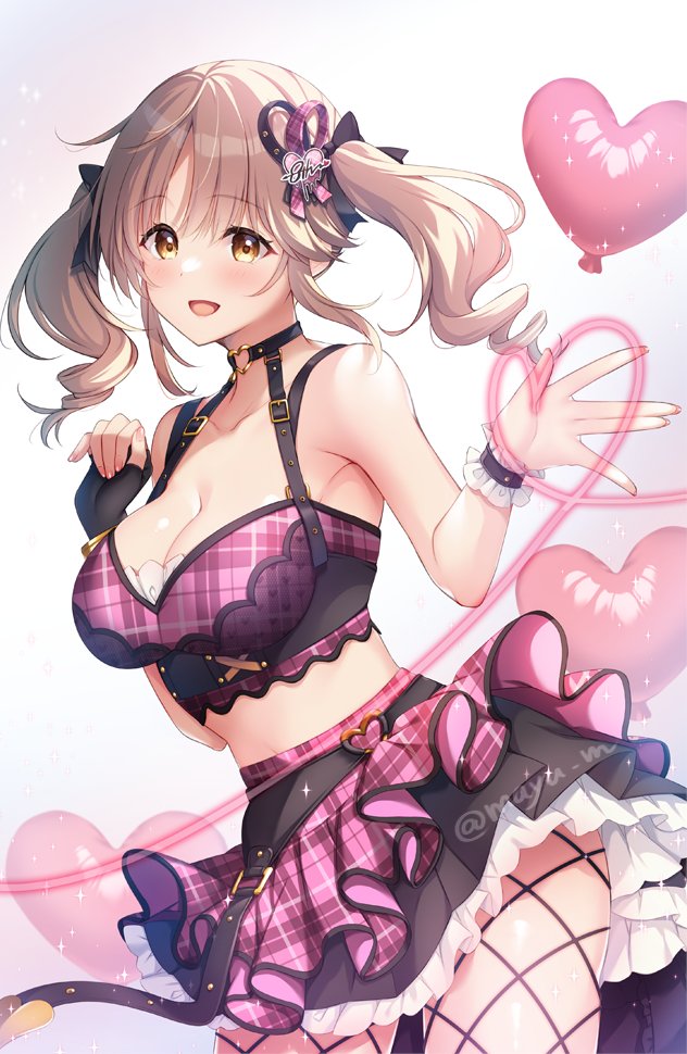 1girl balloon bare_shoulders blush breasts brown_hair cleavage collarbone crop_top fishnets heart heart_balloon idolmaster idolmaster_cinderella_girls large_breasts layered_skirt looking_at_viewer midriff mizukoshi_mayu o-ring o-ring_top pink_skirt pink_top plaid plaid_skirt skirt smile solo totoki_airi twintails twitter_username wrist_cuffs