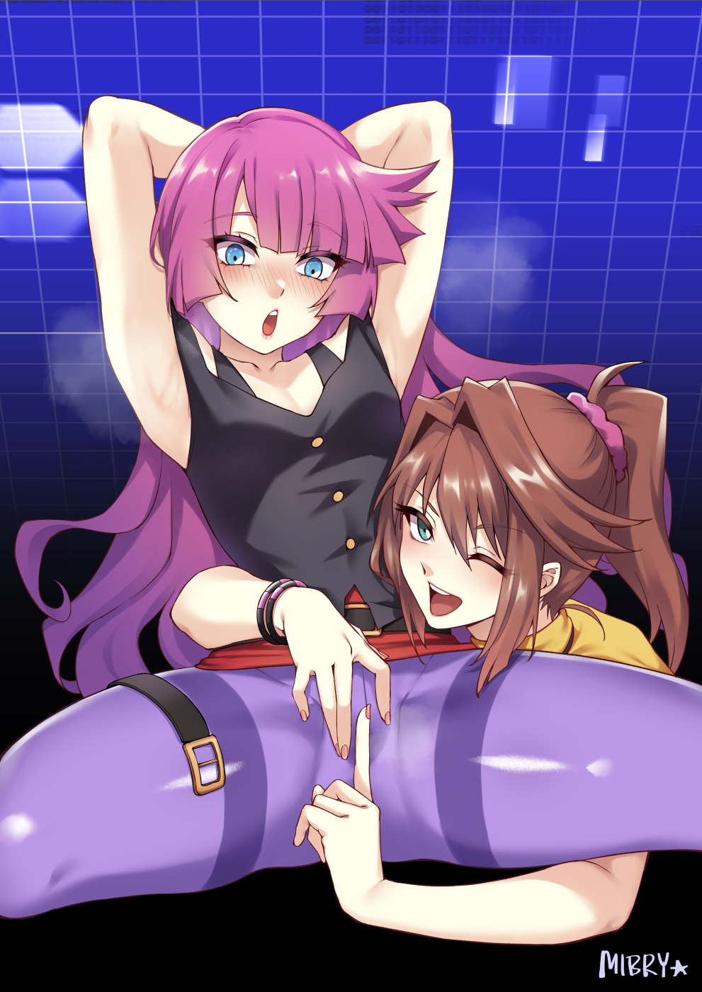 2girls blue_eyes blush breasts brown_hair covering covering_another's_crotch covering_crotch hand_on_another's_crotch highres kirishima_romin long_hair looking_at_viewer mazaki_anzu mibry_(phrysm) multiple_girls one_eye_closed open_mouth petite small_breasts smile yu-gi-oh! yu-gi-oh!_duel_monsters yu-gi-oh!_sevens yuri