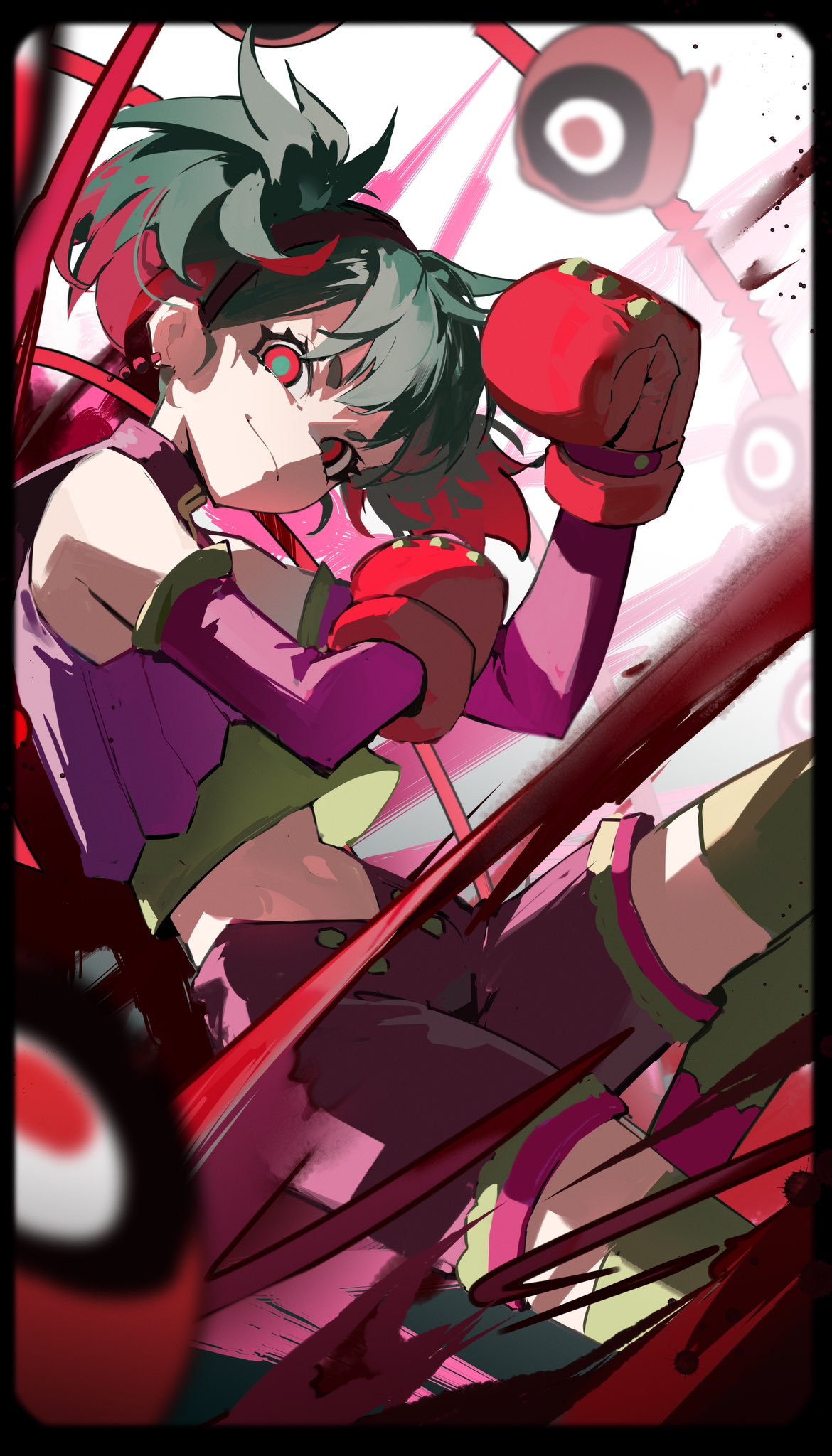 1girl black_border border boxing_gloves closed_mouth cowboy_shot detached_sleeves earrings green_hair green_pupils hair_between_eyes hatsune_miku headband highres jewelry jiu_ye_sang looking_at_viewer multicolored_hair project_diva_(series) purple_shirt purple_shorts raspberry_monster_(vocaloid) red_eyes red_hair red_headband shirt short_eyebrows short_twintails shorts smile solo streaked_hair thick_eyebrows twintails two-tone_hair vocaloid