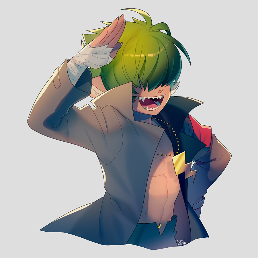 1boy abs animal_nose ash_(pop'n_music) bandaged_hand bandages black_coat black_pants coat green_hair grey_background hair_over_eyes jewelry kiri_futoshi lightning_bolt_necklace male_focus navel_piercing necklace open_clothes open_coat open_fly pants piercing pop'n_music red_armband salute sharp_teeth short_hair signature solo teeth werewolf