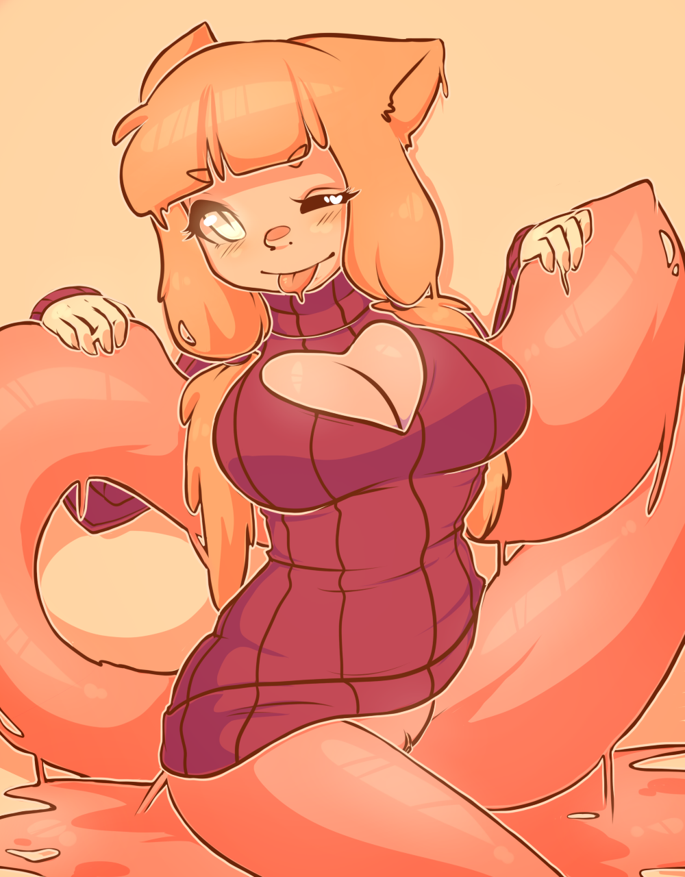 2015 anthro bangs big_breasts biped blush bottomless breasts cleavage cleavage_cutout clothed clothing digital_media_(artwork) eyelashes facial_blush female genitals goo_creature goo_pool goomi_(sineatta) hair hi_res long_hair looking_at_viewer one_eye_closed pink_nose pussy shaded solo sweater tail tongue tongue_out topwear wink winking_at_viewer zyira