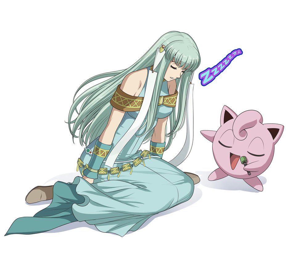 1girl 1other autumn-sacura bare_shoulders breasts commission fire_emblem fire_emblem:_the_blazing_blade jigglypuff leaning_forward medium_breasts microphone music ninian_(fire_emblem) pokemon singing sleeping sleeping_upright socks white_socks zzz