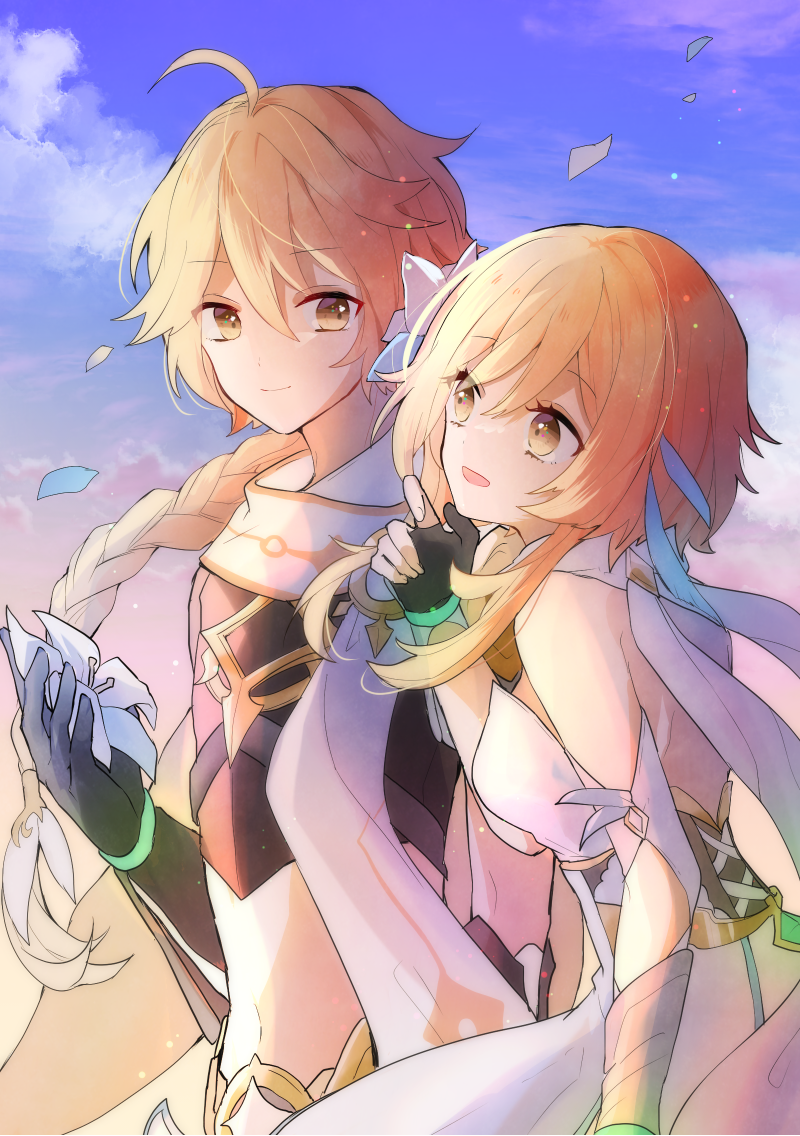 1boy 1girl aether_(genshin_impact) black_shirt blonde_hair blue_sky braid brother_and_sister crop_top dress flower genshin_impact hair_flower hair_ornament holding holding_flower looking_at_another lumine_(genshin_impact) midriff parted_lips scarf shirt short_hair_with_long_locks siblings sky smile twins upper_body white_dress white_scarf yae_(yae_ringo) yellow_eyes