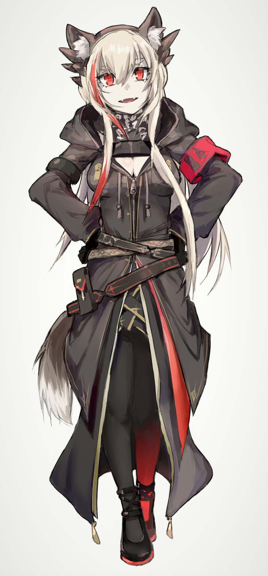1girl alma01 animal_ear_request animal_ears bandana bandana_around_neck black_bandana black_footwear black_jacket black_pantyhose blonde_hair blush breasts commentary_request fangs full_body girls'_frontline gloves gradient_legwear hair_between_eyes hands_on_own_hips headgear highres jacket kemonomimi_mode large_breasts long_hair looking_at_viewer m4_sopmod_ii_(girls'_frontline) multicolored_hair open_mouth pantyhose partially_unzipped red_armband red_eyes red_hair red_pantyhose smile solo standing straight-on streaked_hair thick_eyebrows