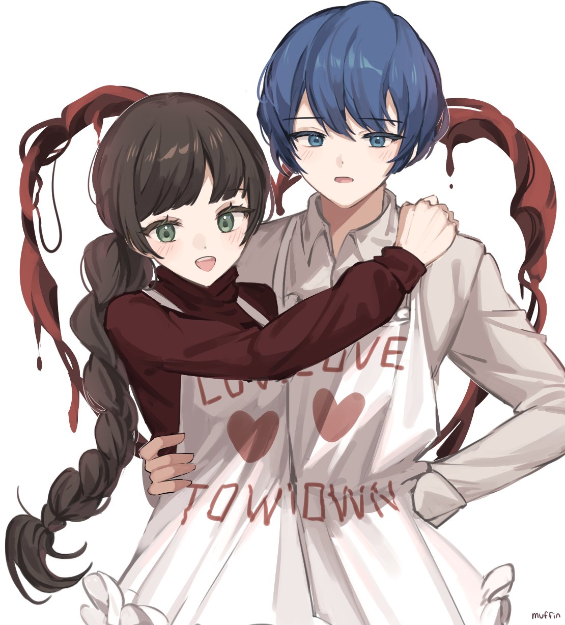 1boy 1girl apron blood blue_eyes blue_hair blush braid braided_ponytail brown_hair flesh green_eyes heart highres hug library_of_ruina long_hair looking_at_viewer love_mintchoco merry_(library_of_ruina) open_mouth parted_lips project_moon red_sweater simple_background smile sweater tommy_(library_of_ruina) turtleneck turtleneck_sweater very_long_hair white_apron white_background