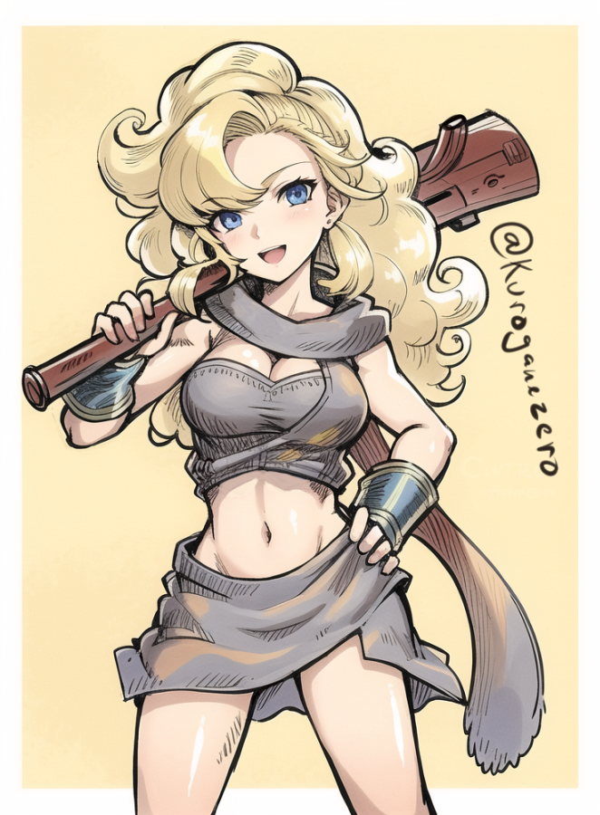 1girl :d asymmetrical_bangs ayla_(chrono_trigger) blonde_hair blue_eyes border breasts chrono_trigger cleavage cowboy_shot crop_top curly_hair earrings grey_skirt hand_on_own_hip head_tilt holding holding_weapon jewelry kuroganezero large_breasts long_hair looking_at_viewer midriff miniskirt navel open_mouth skirt smile solo standing stomach twitter_username very_long_hair weapon white_border yellow_background