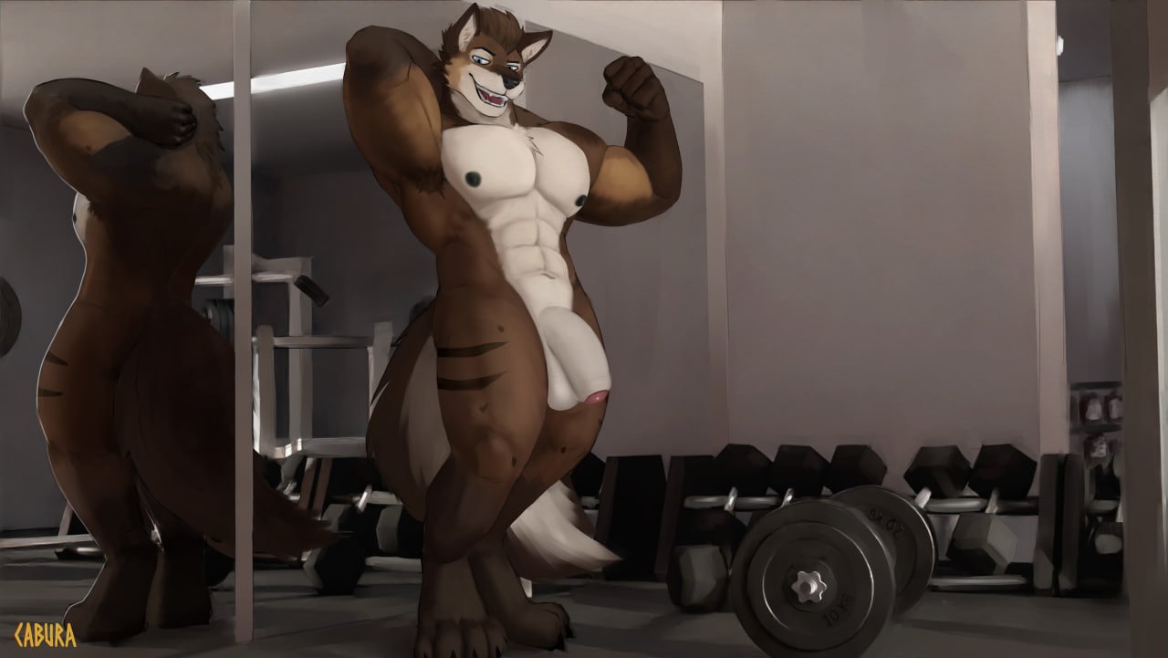 abs anthro ark_(arkwolf26) balls big_balls big_penis black_nipples black_nose cabura canid canine canis flaccid flexing foreskin genitals gym gym_equipment looking_down looking_pleasured male mammal mirror muscular muscular_male nipples nude pecs penis pose presenting saggy_balls solo teeth weights wolf