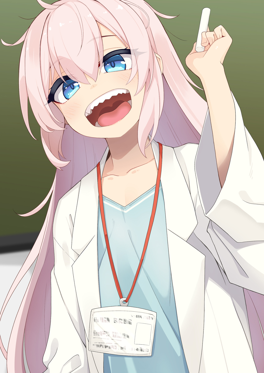 1girl :d blue_eyes blue_shirt borrowed_character chalk chalkboard character_request grey_hair hair_between_eyes hand_up highres holding labcoat lanyard long_sleeves looking_at_viewer ogami_kazuki open_clothes original sharp_teeth shirt smile solo teeth upper_body