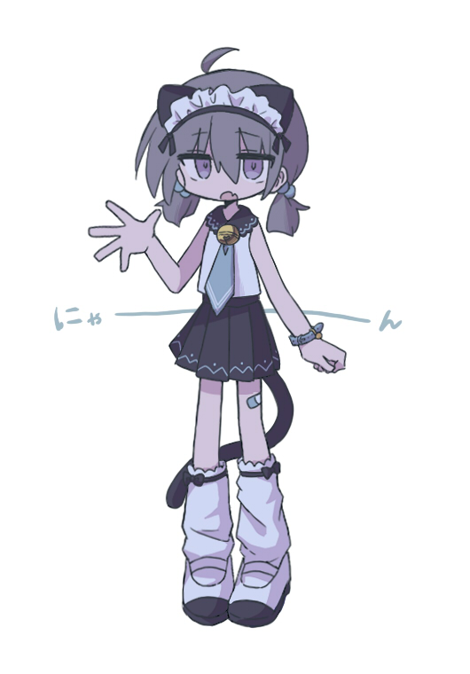 1girl ahoge animal_ears bandaid bandaid_on_leg bell black_skirt blue_necktie cat_ears cat_girl cat_tail collared_shirt fang full_body grey_hair hair_between_eyes hair_bobbles hair_ornament hand_up jingle_bell kanikan looking_at_viewer loose_socks low_twintails maid_headdress medium_hair miniskirt neck_bell necktie nyan open_mouth original pleated_skirt purple_eyes shirt shoes simple_background skirt sleeveless sleeveless_shirt socks solo spread_fingers standing tail translated twintails uwabaki watch white_background white_footwear white_shirt white_socks wristwatch