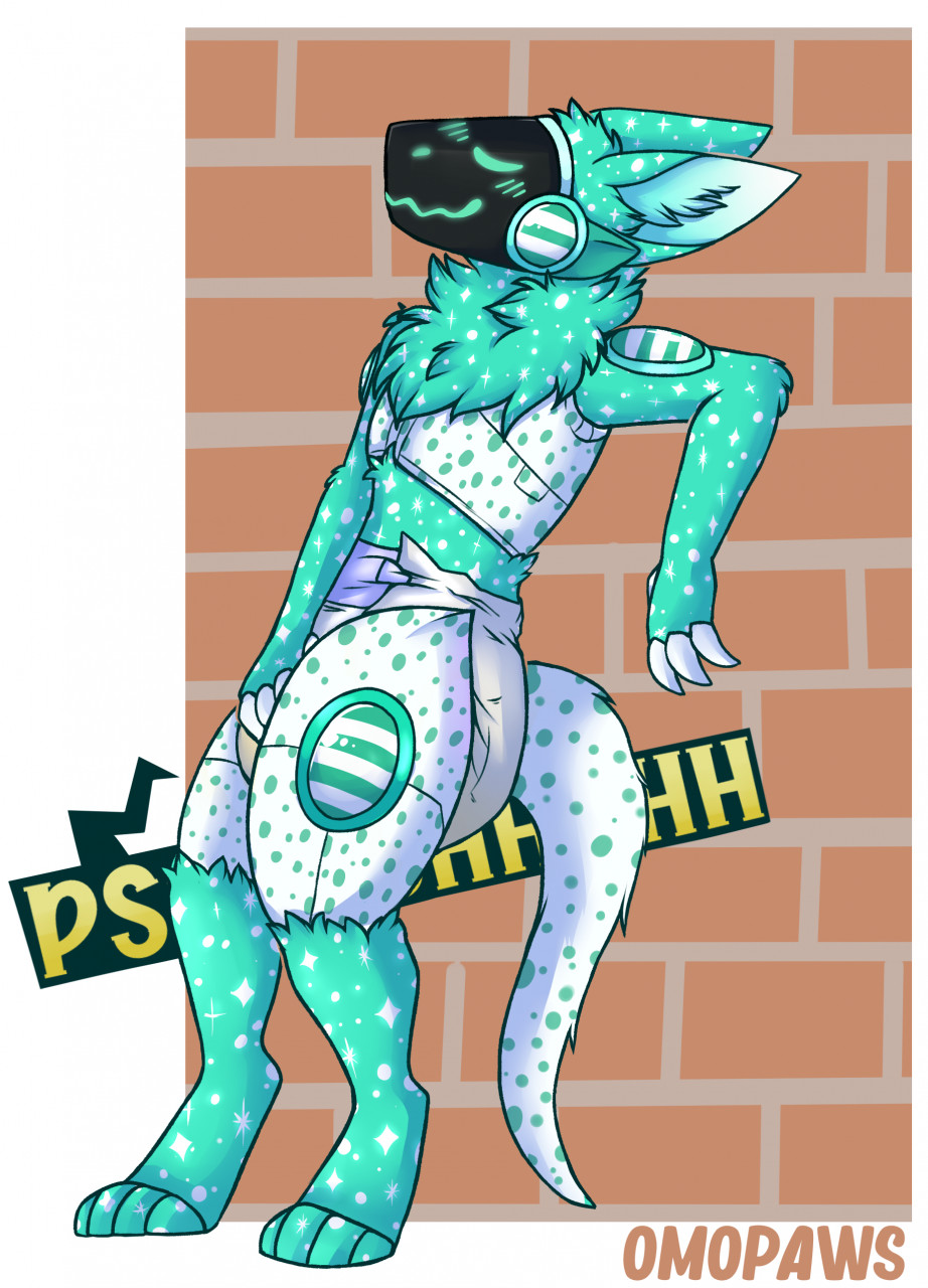anthro clothed clothing diaper diaper_use hi_res leaning leaning_on_wall machine male omopaws onomatopoeia protogen relieved solo solo_focus sound_effects text wearing_diaper