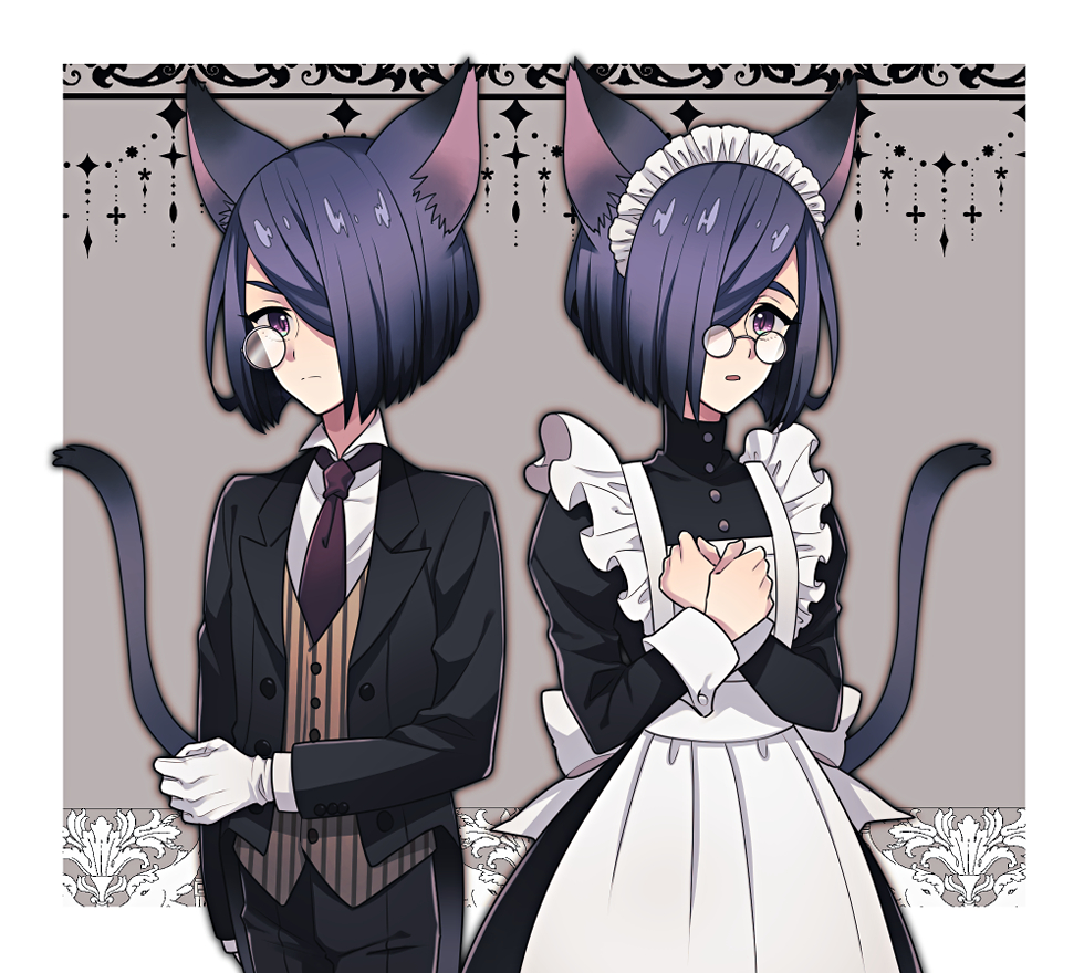 1girl animal_ears apron back_bow bow butler cat_ears cat_girl cat_tail collared_shirt crossed_wrists dual_persona frilled_apron frills gloves hair_over_one_eye kmy-3_(kumayu) long_sleeves maid maid_headdress monocle necktie original pince-nez purple_hair shirt short_hair striped striped_vest suit tail vest