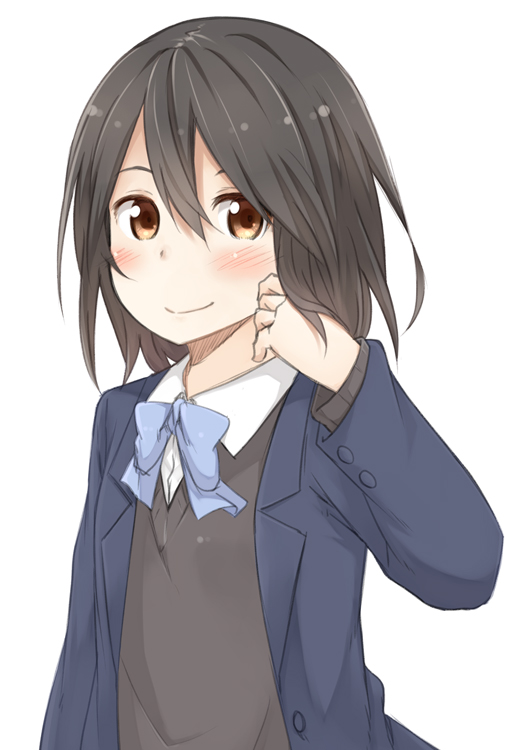 1girl black_hair black_sweater blazer blue_bow blue_bowtie bow bowtie brown_eyes c.c. close-up closed_mouth commentary dress_shirt hair_between_eyes hand_on_own_face inaba_himeko jacket kokoro_connect long_bangs looking_at_viewer mukunoki_nanatsu school_uniform shirt short_hair simple_background smile solo sweater upper_body white_background white_shirt yamaboshi_private_high_school_uniform