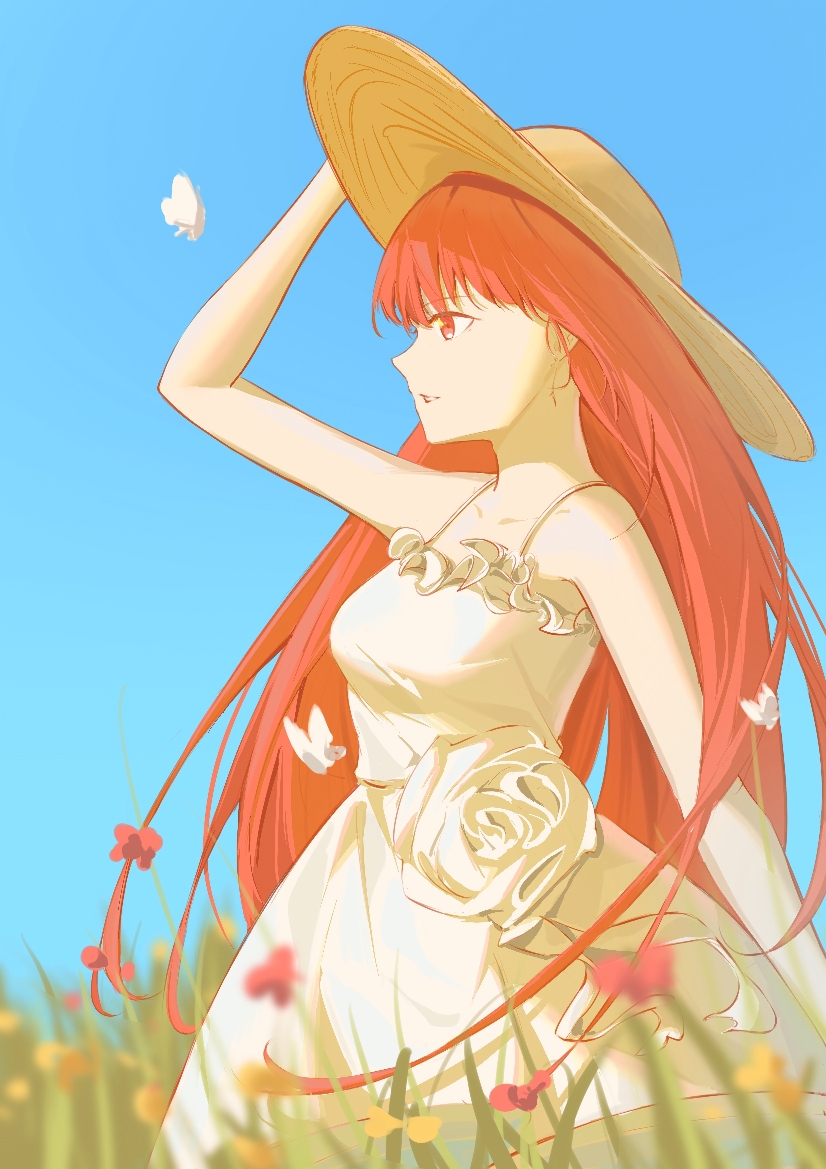 1girl adjusting_clothes adjusting_headwear alternate_costume arm_up bare_arms bare_shoulders blue_sky bug butterfly chinese_commentary clear_sky collarbone commentary dress flower from_side grass hat long_hair looking_ahead nature off-shoulder_dress off_shoulder outdoors profile punishing:_gray_raven red_eyes red_hair sky solo straw_hat tall_grass upper_body vera_(punishing:_gray_raven) very_long_hair white_dress yume_3327