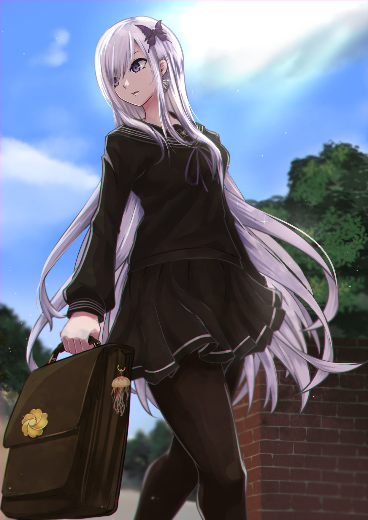 1girl bag bag_charm black_leggings black_shirt black_skirt blue_sky brick_wall brown_bag butterfly_hair_ornament charm_(object) cloud commentary commission cosplay day earrings floating_hair floral_print hair_ornament highres holding holding_bag jewelry kirishima_(alutear) leggings long_sleeves looking_to_the_side outdoors pantyhose parted_lips purple_eyes purple_hair sayo_samonji_(tenka_hyakken) sayo_samonji_(tenka_hyakken)_(cosplay) school_uniform second-party_source senji_muramasa_(tenka_hyakken) shirt skirt sky solo standing tenka_hyakken tree