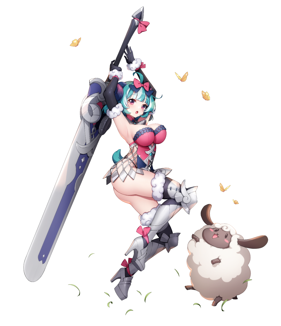 1girl :o ahoge armored_boots armpits arms_up artist_request ass bell black_gloves black_panties blue_hair blunt_bangs blush boots bow breasts bug butterfly cowbell curled_horns dress elbow_gloves eversoul full_body game_cg gloves grass greatsword hair_bow high_heels holding holding_sword holding_weapon horns knee_pads large_breasts looking_to_the_side lute_(eversoul) multicolored_hair official_art panties pink_bow pink_dress pink_ribbon purple_eyes ribbon sheep sheep_girl sheep_horns sheep_tail short_hair solo streaked_hair sword tachi-e tail thighs transparent_background underwear weapon white_hair wool