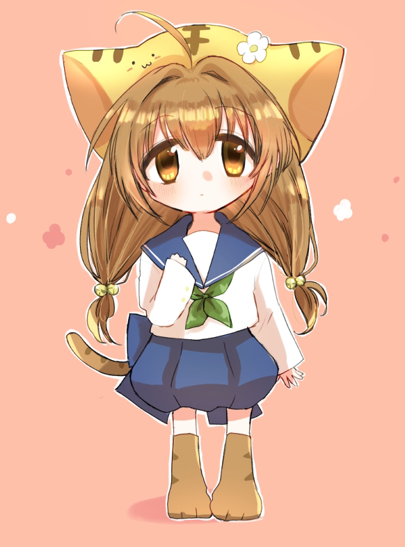1girl ahoge animal_hat ascot blue_skirt brown_eyes brown_hair cat_hat clenched_hand di_gi_charat dot_mouth flower full_body green_ascot hat hat_flower long_sleeves paw_shoes pink_background pleated_skirt puchiko ryu04869 sailor_collar shirt skirt solo white_shirt