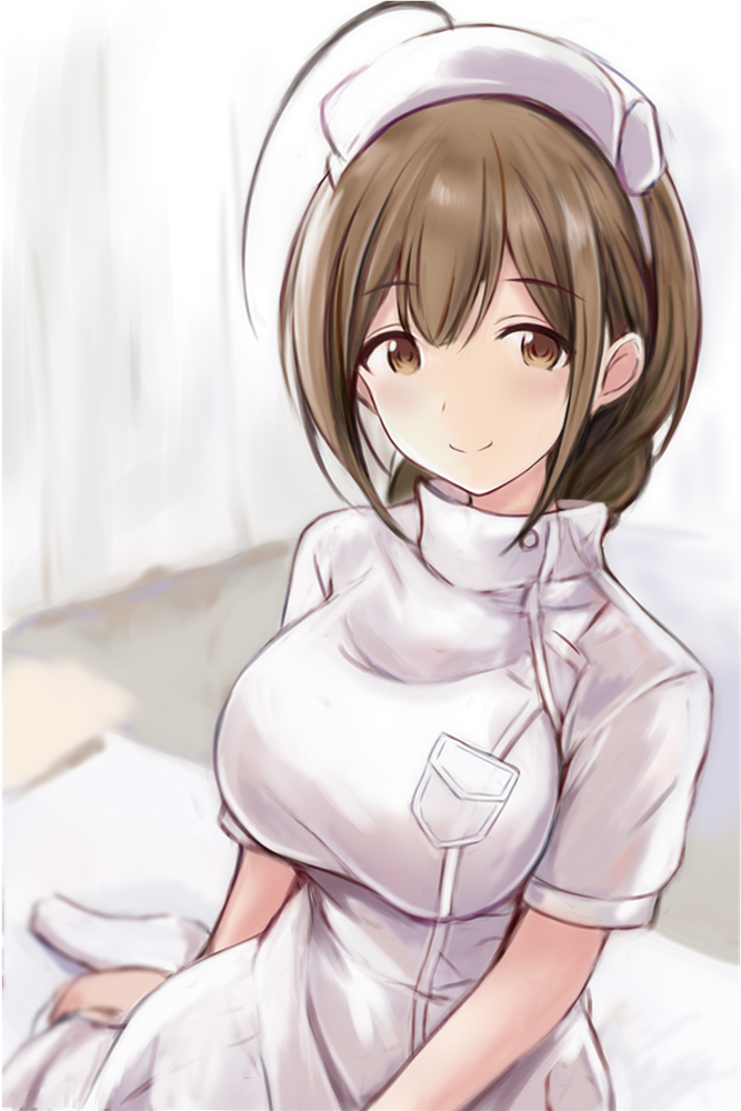 1girl ahoge blurry blurry_background blush breasts brown_hair closed_mouth curtains dress hat idolmaster idolmaster_shiny_colors kuwayama_chiyuki large_breasts long_hair looking_at_viewer nannacy7 nurse nurse_cap on_bed short_sleeves sitting smile socks white_dress white_socks yokozuwari