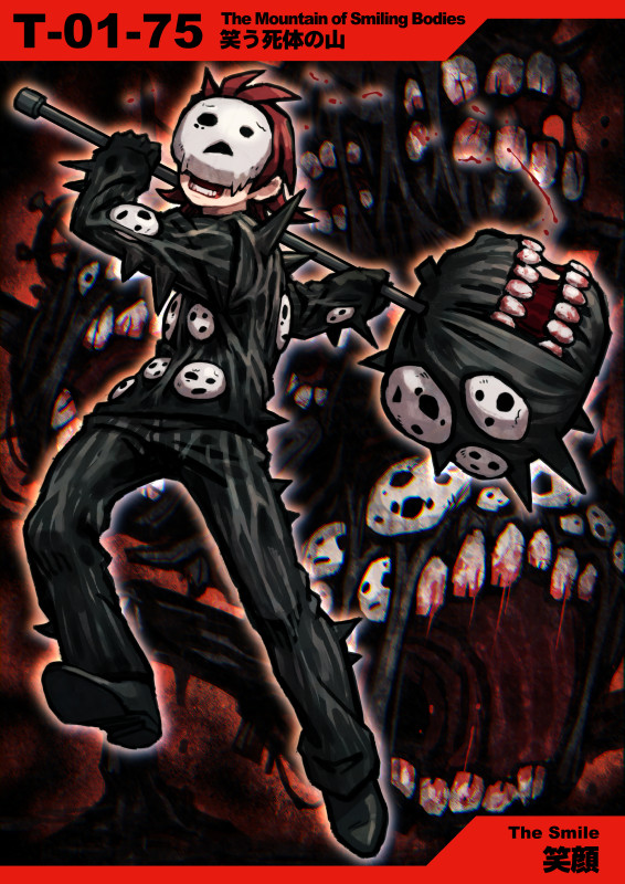 1boy attack black_footwear black_gloves black_jacket black_pants blood blood_on_teeth check_gender commentary_request dark_background denim e.g.o_(project_moon) employee_(lobotomy_corporation) full_body gloves hammer holding holding_hammer huge_weapon jacket jeans lobotomy_corporation long_sleeves lower_teeth_only mask meimaru_inuchiyo mountain_of_smiling_bodies numbered open_mouth pants partial_commentary project_moon red_background red_hair shoes short_hair spiked_hair spikes teeth weapon white_mask