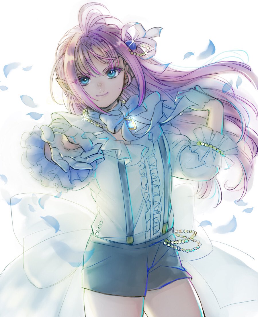 1girl black_shorts blue_eyes bow flat_chest frilled_shirt frills gloves glowing hair_behind_ear hair_ribbon huge_bow jewelry kimidori_(kimidoriri) macross macross_7 mylene_jenius necklace open_hand outstretched_hand petals pointy_ears ribbon shirt shorts smile solo suspenders uta_macross_sumaho_deculture white_bow white_gloves white_ribbon white_shirt