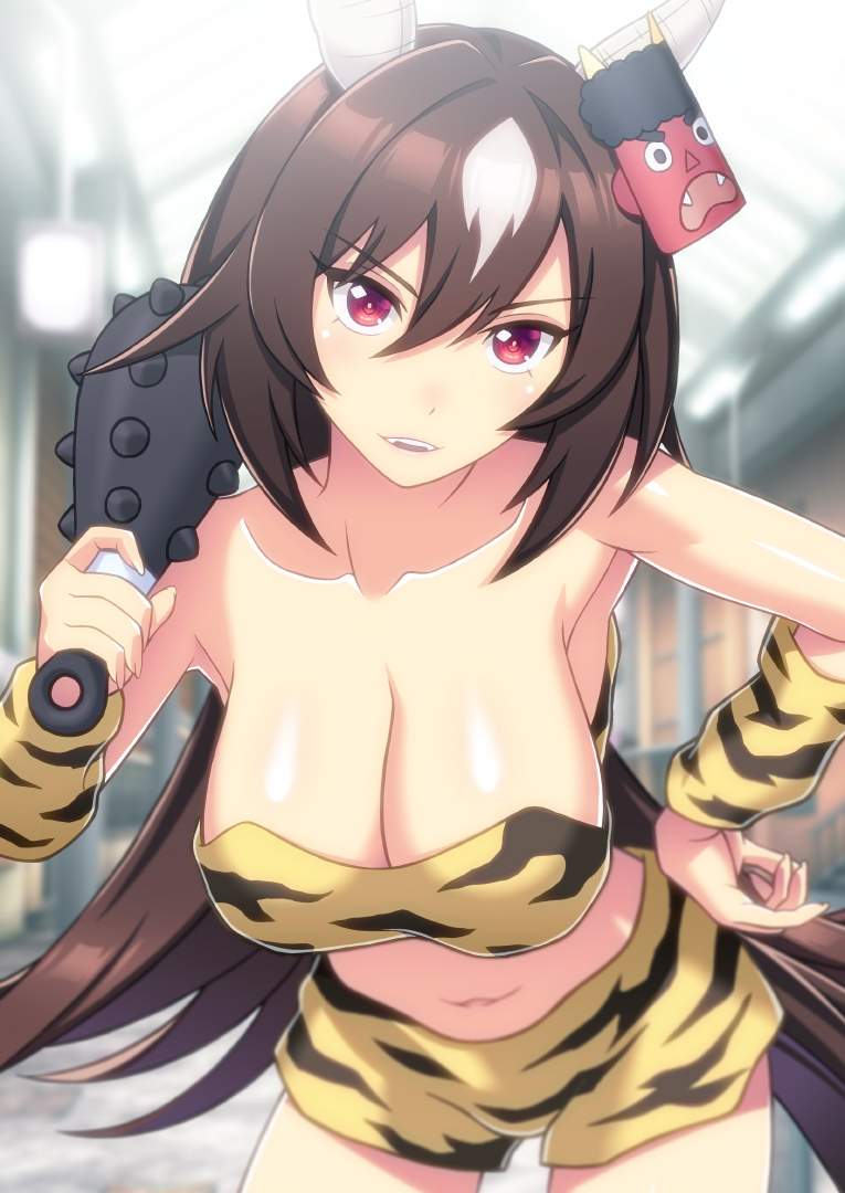1girl alternate_costume animal_ears animal_print armpits bare_shoulders blurry blurry_background breasts brown_hair cleavage club_(weapon) commentary_request cowboy_shot crop_top ear_covers hair_between_eyes hand_on_own_hip holding holding_weapon horse_ears horse_girl horse_tail kanabou large_breasts leaning_forward light_blush long_hair midriff multicolored_hair navel norizou open_mouth red_eyes shorts sirius_symboli_(umamusume) solo streaked_hair tail teeth tiger_print umamusume upper_teeth_only v-shaped_eyebrows very_long_hair weapon white_hair yellow_shorts