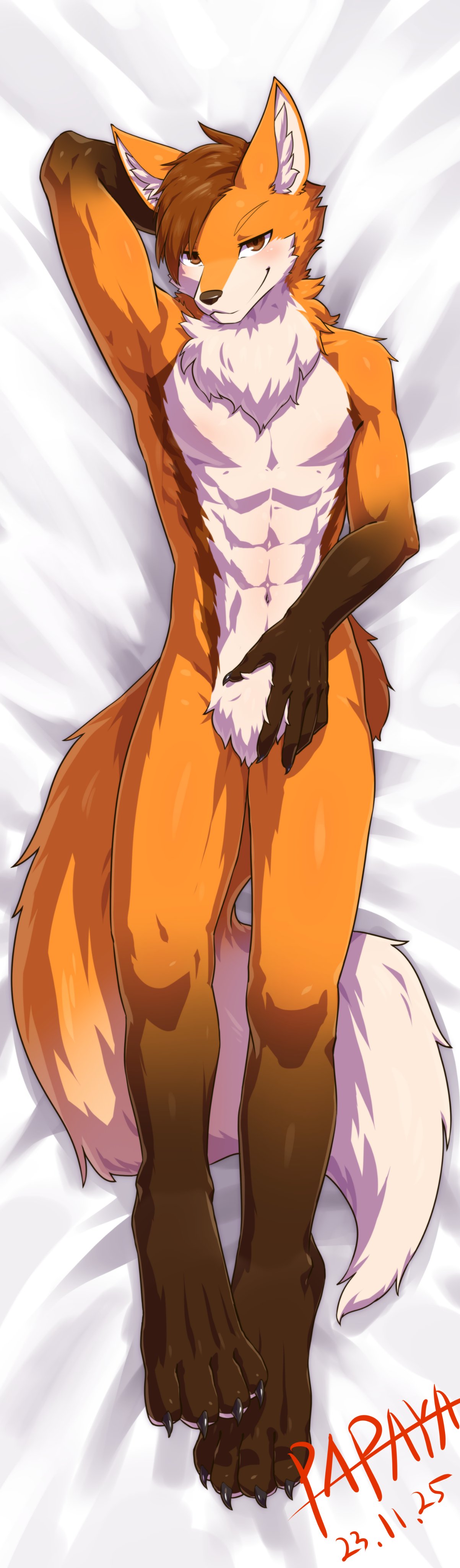 2023 abs absurd_res anthro bedding bedding_background black_nose brown_body brown_eyes brown_fur brown_hair chest_tuft closed_smile crotch_tuft dated featureless_crotch front_view full-length_portrait fur glistening glistening_eyes hair hi_res inner_ear_fluff looking_at_viewer lying male mouth_closed narrowed_eyes nude on_back orange_body orange_fur papayafurry portrait pose short_hair smile solo tuft white_body white_fur white_inner_ear_fluff