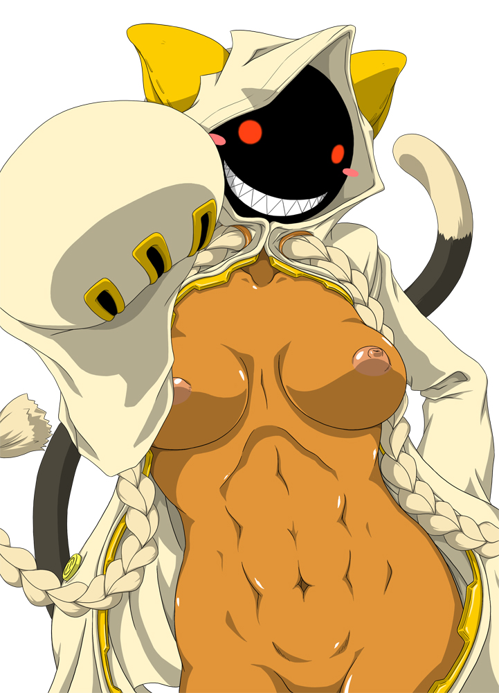 1girl abs animal_hood blazblue blush_stickers braid breasts buttons cat_girl cat_hood cat_tail comiket_89 commentary_request cowboy_shot grin hood hood_up hoodie large_breasts looking_at_viewer muscular muscular_female navel nipples no_bra open_clothes open_hoodie red_eyes sharp_teeth sidimi simple_background smile solo tail taokaka teeth twin_braids unzipped white_background yellow_hoodie