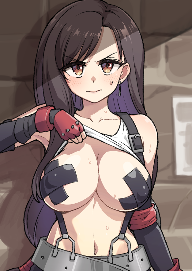 1girl black_hair breasts brown_eyes cleavage closed_mouth clothes_lift covered_nipples cross_pasties detached_sleeves earrings electrical_tape final_fantasy final_fantasy_vii fingerless_gloves frown furrowed_brow gloves heebee jewelry large_breasts long_hair looking_at_viewer midriff navel pasties red_gloves shirt_lift solo straight-on suspenders swept_bangs tifa_lockhart upper_body wall