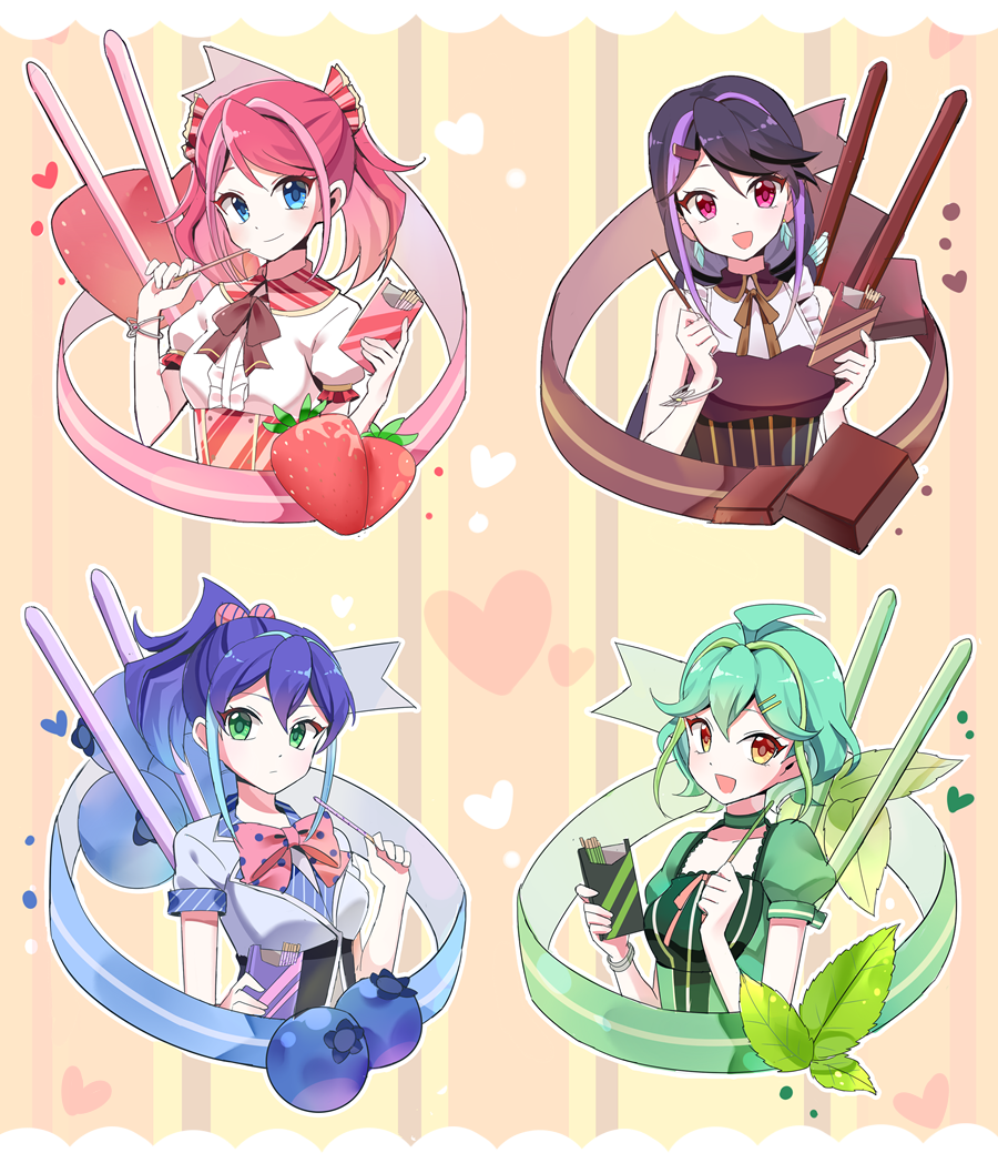 4girls black_hair blue_eyes blue_hair blueberry bow box bracelet_girls chocolate food fruit green_eyes green_hair hand_up hiiragi_yuzu holding holding_box holding_food holding_pocky joman kurosaki_ruri multicolored_hair multiple_girls neck_ribbon open_mouth pink_hair pocky polka_dot polka_dot_bow ponytail purple_hair red_eyes ribbon rin_(yu-gi-oh!) serena_(yu-gi-oh!) shirt short_sleeves sleeveless sleeveless_shirt strawberry streaked_hair twintails two-tone_hair upper_body yellow_eyes yu-gi-oh! yu-gi-oh!_arc-v