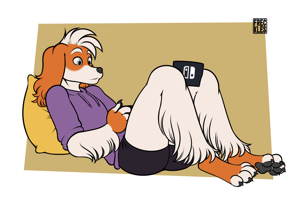 anthro black_pawpads bottomwear canid canine canis clothing controller domestic_dog floppy_ears freckles_(artist) fur game_controller hair hoodie lying male mammal multicolored_body multicolored_fur nintendo nintendo_controller nintendo_switch on_back orange_body orange_fur pawpads paws pecas_(freckles) shorts simple_background solo topwear two_tone_body two_tone_fur white_body white_fur white_hair wide_hips