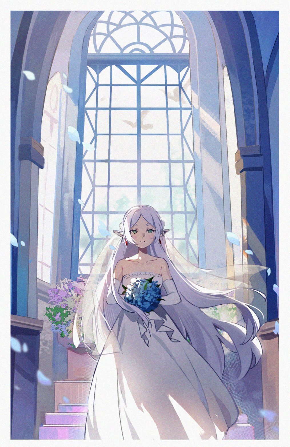 1girl arch bare_shoulders blue_flower border bouquet breasts bridal_veil church collarbone commentary_request dress drop_earrings earrings elbow_gloves elf flower frieren gloves green_eyes highres holding holding_bouquet hoshiko_(419401x) indoors jewelry long_hair looking_at_viewer medium_breasts parted_bangs pointy_ears smile solo sousou_no_frieren sparkle veil very_long_hair wedding wedding_dress white_border white_dress white_gloves white_hair