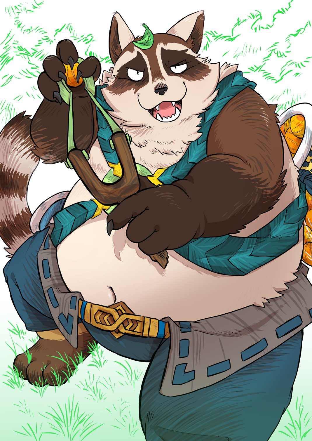 2023 afk_arena anthro belly big_belly brown_body clothed clothing feet hi_res humanoid_hands kemono leaf male mammal navel outside overweight overweight_male procyonid raccoon raku_(afk_arena) shirokumaou solo weapon