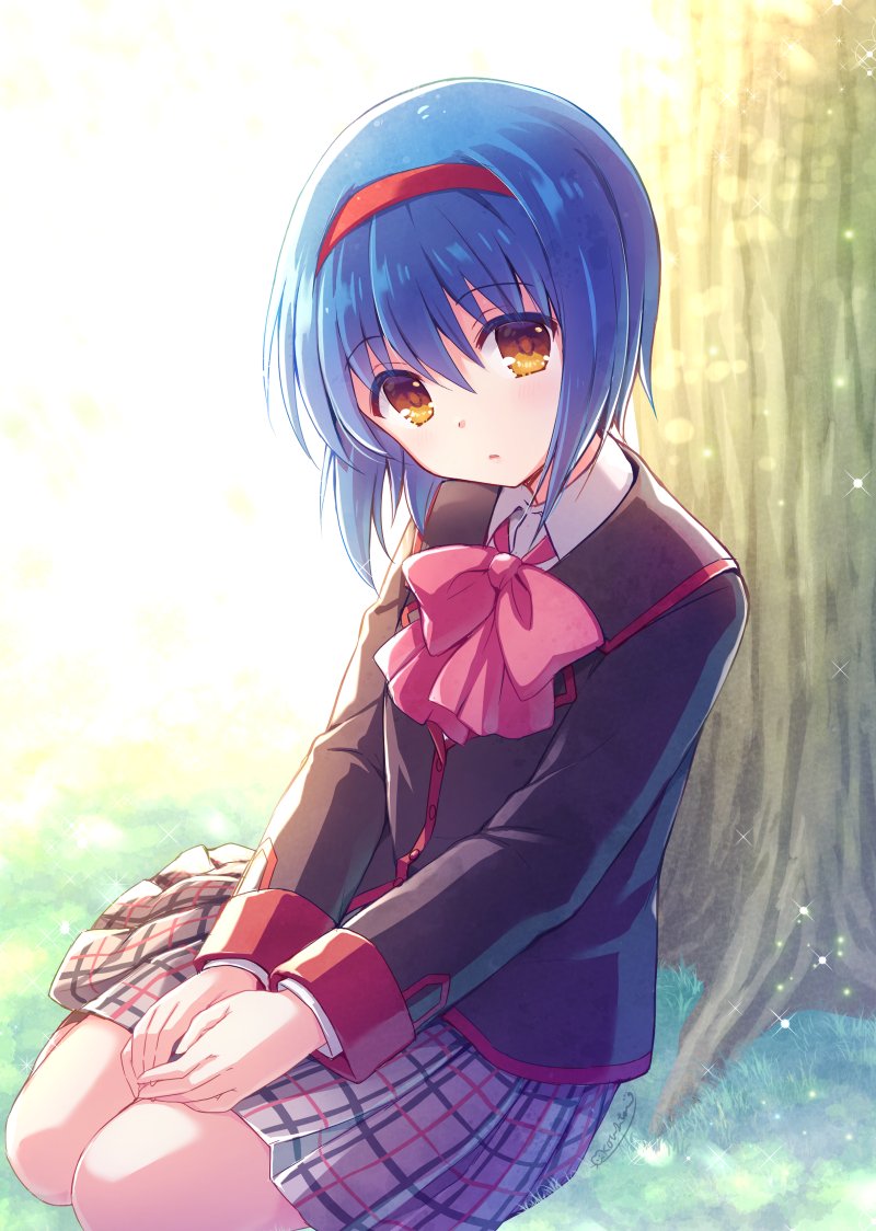 1girl against_tree backlighting black_jacket bloom blue_hair blush bow commentary_request day expressionless eyes_visible_through_hair full_body grass hair_between_eyes hairband head_tilt jacket kousetsu light_particles little_busters! long_sleeves looking_at_viewer medium_hair miniskirt nishizono_mio outdoors own_hands_together parted_lips pink_bow plaid plaid_skirt pleated_skirt red_hairband signature sitting skirt solo tree v_arms yellow_eyes yokozuwari