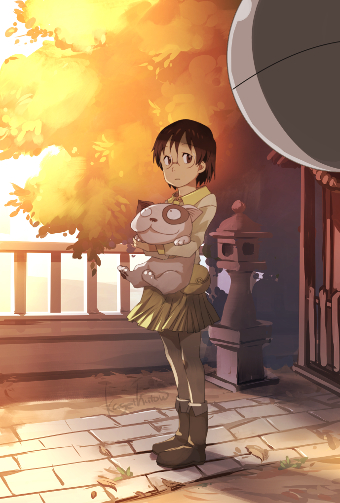 1girl animal artist_name autumn_leaves brown_footwear brown_hair dennou_coil densuke dog glasses holding holding_animal holding_dog kagetsu_too long_sleeves okonogi_yuuko outdoors school_uniform short_hair skirt standing stone_lantern